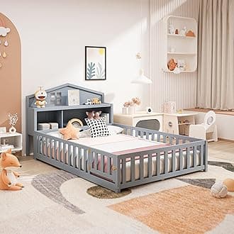 Bellemave Full Size Floor Bed for Kids, Girls, Boys, Solid Wood Montessori Bed with storage headboard, Full Size Montessori Floor Bed with door, kids floor bed with storage, Grey