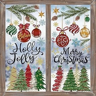 6 Sheets Christmas Window Clings Stickers, Oil Painting Xmas Tree Ball Pine Needle Window's Decals Winter Snowflake Stickers for Home Office Glass Window Decoration