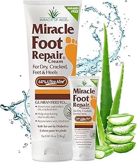Miracle Foot Repair Cream (8 oz & 1 oz) Repairs Dry Cracked Heels and Feet, 60% Pure UltraAloe Moisturizes, Softens, and Repairs