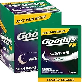 Goody's Nighttime Powder, Pain Reliever & Sleep Aid with Acetaminophen & Diphenhydramine Citrate, Caffeine Free, 6 Count, Pack of 12