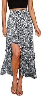 BTFBM Women 2025 Summer Spring Boho Long Skirts Dress Floral Print Elastic Waist Split Ruffle High Low Beach Maxi Skirt