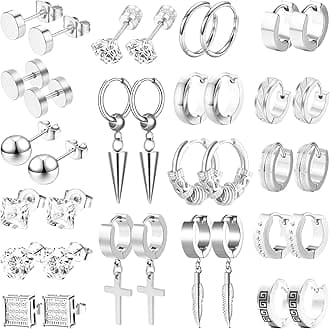 LASPERG Earrings for Men, 18 Pairs Mens Earrings Hoop Black Gold Silver Earrings for Men Stainless Steel Stud Cross Dangle Hoop Earrings Set Fashion Piercing Jewelry, Stainless Steel, Cubic Zirconia
