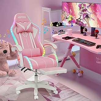 HOFFREE Pink Gaming Chair with Speakers and Led Lights Massage Video Game Chair with Footrest Reclining Computer Gaming Chair for Girls