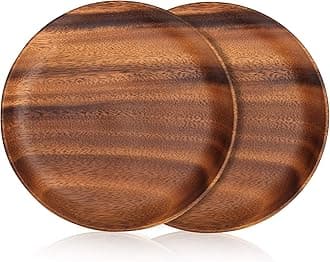 2 Pcs 10 Inch Acacia Wood Dinner Plates Set for Eating Wooden Round Charcuterie Boards Kitchen Serving Platters for Food Dishes Cheese Tray Dessert Salad Plate Wood Charger Plates Decorative Trays