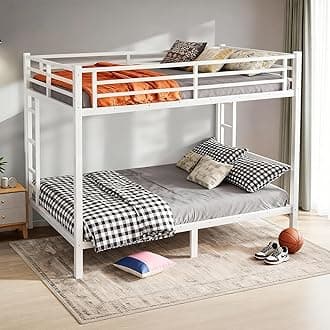 - Queen Over Queen Bunk Bed, Metal Bunk Bed Frame Heavy Duty Bunk Beds Loft Bed Frame with Ladder and Guardrail Metal Slats No Box Spring Required for Adults Teens, White