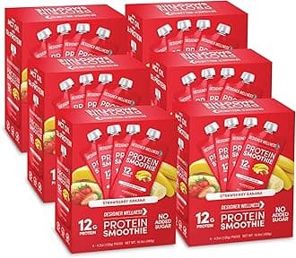Designer Wellness Protein Smoothie, Real Fruit, 12g Protein, Low Carb, Zero Added Sugar, Gluten-Free, Non-GMO, No Artificial Colors or Flavors, Strawberry Banana, 24 Count