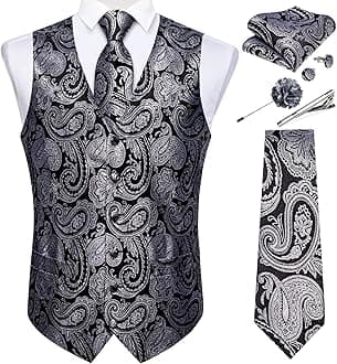 DiBanGu Mens Vest and Tie Set Formal Paisley Waistcoat and Necktie Pocket Square Cufflinks Silk Suit Vest for Tuxedo Wedding