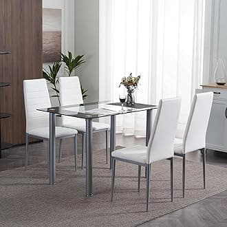 Karl home 5-Piece Glass Dining Table Set with Glasses Table and 4 Leather Chairs for Kitchen, Breakfast, Living Room; Space Saving(White Glass)