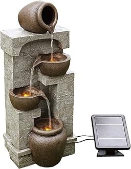 Teamson Home 28 in. Cascading Bowls and Stacked Stones LED Outdoor Water Fountain for Outdoor Living Spaces to Create a Calming Oasis in Gardens and Landscaping, on Patios, Balconies, Lawns, Brown