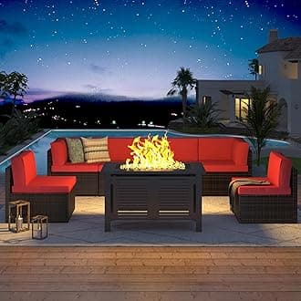 U-MAX 7 Piece Outdoor Patio Furniture Set with Extra 43 Inch Fire Pit Table, PE Rattan Wicker Sofa Set, Outdoor Sectional Furniture Chair Set with Cushions and Tea Table, Brown Rattan&Red Cushion