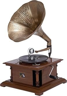 Deco 79 Wood Functional Gramophone with Record, 18" x 16" x 28", Copper