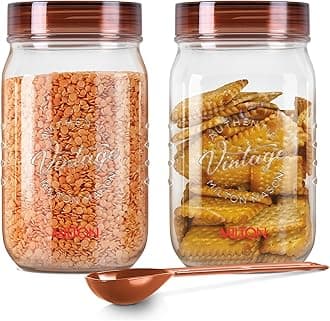 Milton Vintage Airtight Containers with Spoons for Kitchen Storage Food Grade Plastic, Stackable & Transparent Organizer Jars, Masala Dabba, Set of 2 (2 Litres each) for Tea, Coffee, Sugar, Dry Fruits