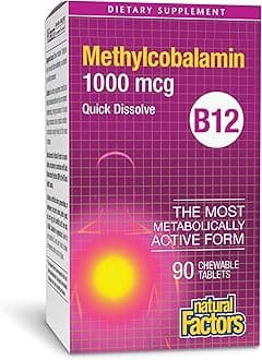 Natural Factors, Vitamin B12 Methylcobalamin 1000 mcg, Chewable Support for Energy and Immune Health, Vegetarian, Gluten Free, 90 tablets (90 servings)