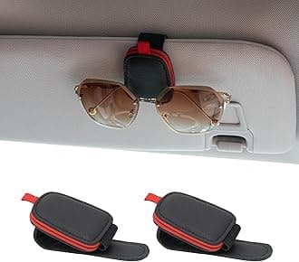 Yuoyar 2 Packs Sunglasses Holders for Car Visor - Magnetic Leather Sunglasses Holder and Ticket Card Clip - Car Visor Accessories (Black-red)