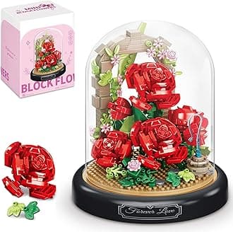 Rose Flower Building Block Set Easter with Base Transparent Cover 574 PCS Decorative Floral Model Display Gift Christmas Birthday Ages 14+