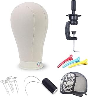 Eerya 21"-24" Canvas Block Head Set for Wig Display Making Hair Weave and Styling Mannequin Head with Mount Hole (Stand Styling Hair Clips T Needle C Needles Thread Wig Caps with Canvas Head 23inch)