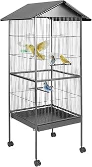 – tectake® Large Bird Cage on Wheels with Pitched Roof, 2 Sliding Doors & Sand Tray, Incl. Feeding Station, Water Dispenser & 4 Perches, Ideal Cockatiel & Parrot Cage - 65 x 66 x 162 cm
