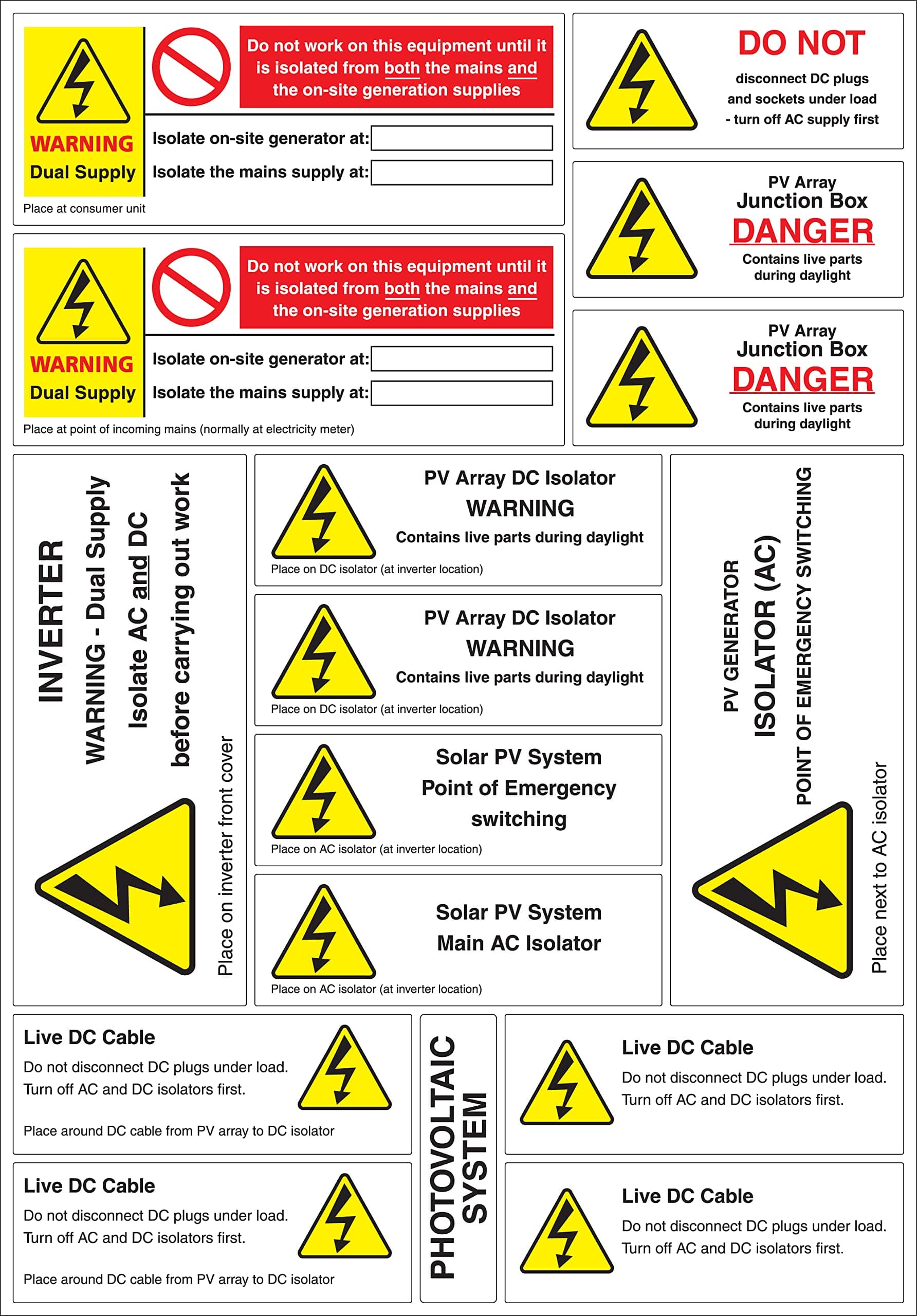 Solar PV System Warning Label Set - A4 Sheet - Price per Pack of 162 Labels (12 Designs / 10 Sheets per Pack + 2 Label) (P/NO. 7829133) - Stock Loc. CTL