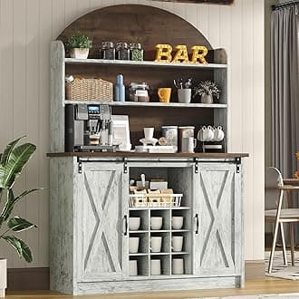4 EVER WINNER 67" Farmhouse Coffee Bar Cabinet with Hutch, 47" Wide Sideboard Buffet with Sliding Barn Doors & 9 Wine Rack, 3-Tier Tall Kitchen Storage Cabinet for Liquor, Mugs & Coffee Makers, Grey