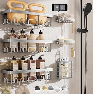 VekenVeken Rustproof & Waterproof Shower Caddy 6-Pack, Ideal for Gift, Large Wall Mounted Shower Rack, Bathroom Shelves Over Toilet, Organizer Storage Accessories with Soap Dish & Toothbrush Holder, Silver