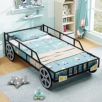 Twin Bed Frames for Kids, Car-Shaped Metal Bed with Wheels Decorations, Safety Guardrails, No Box Spring Needed, Fits Standard Twin Mattress (Mattress Not Included), Twin Bed for Boys Girls