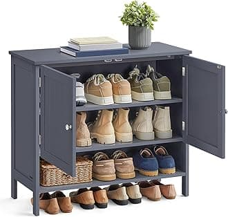VASAGLE Shoe Cabinet, 3-Tier Shoe Storage Organizer, Modern Freestanding Cabinet with Height-Adjustable Shelf, 13.8 x 31.5 x 27.6 Inches, Entryway, Slate Gray ULBC044G01