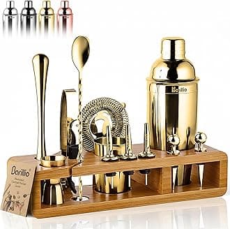 Gold 23-Piece Bartender Kit Cocktail Shaker Set by BARILLIO: Stainless Steel Bar Tools with Sleek Bamboo Stand, Velvet Carry Bag & Recipes Booklet