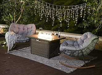 Grand patio Rocking Chair Set of 3, Rectangular Propane Fire Pit Table with Resin Wicker Base and Ceramic Tabletop, Royal Rocking Chairs with Padded Cushion and Faux Woodgrain Base