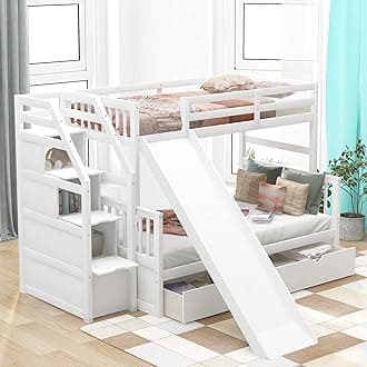 SOFTSEA Twin Over Full Bunk Bed with Staircase and Slide Storage Solid Wood Bunk Beds with Storage Drawers for Kids, No Box Spring Needed