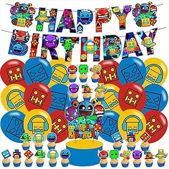 Geometry Dash Birthday Party Supplies Favors for Boys Kids Geometry Dash Birthday Party Decorations Including Banner Cake Cupcake Toppers Ballons