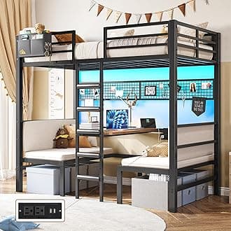DICTAC Twin Over Twin Bunk Bed with Led Lights and Charging Station Convertible Loft Bed Twin Size with Desk and Seat Metal Bunk Bed with Desk & Safety Guard and Stair,Black(Cushion not Included)