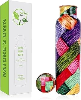 Nature's Own Pure Copper Water Bottle 1000ml - 34 Oz Extra Large Ayurvedic Vessel for Drinking More Water - Leak Proof Heavy Duty (Multicolored Threads)