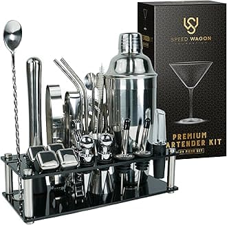 Mixology Bartender Kit – 24 Piece Silver Cocktail Shaker Set w/Stand – Essential Home Bar Accessories Martini Shaker, Jigger, Muddler, Chilling Cubes & More