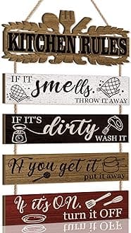 KAIRNE Kitchen Rules Wall Sign Rustic Wood Bar Sign Farmhouse Style Kitchen Accessories Funny Quotes Door Wooden Hanging Plaque If It Smells Throw It Away Eggbeater Knife Fork Prints Plaque Decor