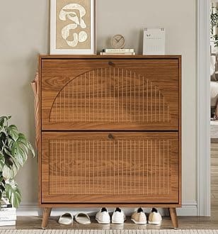 Shoe Storage Cabinet for Entryway with 2 Flip Drawers, Narrow Wood Shoe Cabinet with Fluted Panel, Freestanding Hidden Shoe Organizer for Foyer, Hallway (Walnut)