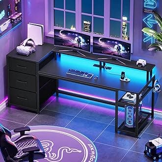 SEDETA 59" Office Desk with Drawers, Reversible Computer Desk with File Drawers & Storage, Gaming Desk with LED Lights & Power Outlet, Home Office Desks for Printer, Black