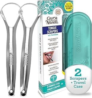 GuruNanda Stainless Steel Tongue Scraper (Pack of 2), Fight Bad Breath, Medical Grade 100% Stainless Steel Tongue Cleaner, Tongue Scraper For Adults and Kids, Great For Oral Care, Travel Friendly