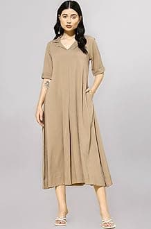 Varanga Women Beige A -line Calf Length Dress Featuring Classic Shirt Collar and Short Sleeves which offering Comfort and Ease