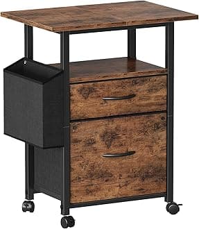 GYIIYUO 2 Drawer Larger File Cabinet with 24'' Extended Desktop, Mobile Filing Cabinet, Rolling File Cabinet with Side Bag, Fabric Drawer, Printer Stand Home Office, 27.5''H, Rustic Brown