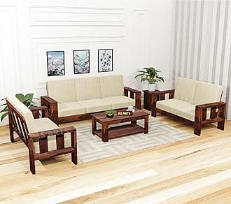 Modern 7 Seater Wooden Sofa Set with Center Table for Living Room | Solid Sheesham Wood Sofa Set 7 Seater (3+2+2, Natural Finish)