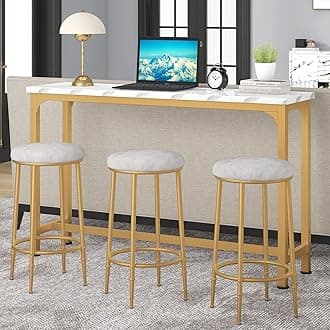 HOMYSHOPY Bar Table Set for 3, 4 Piece Dining Table Set with 3 Stools, Counter Height Kitchen Table Set with 3 Chairs for Breakfast Nook, Living Room and Apartment (White & Gold)
