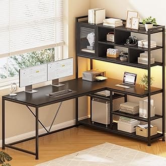 SEDETA L Shaped Computer Desk, 58'' Office Desk with LED Light and Bookshelf, L Shaped Corner Desk with Storage Shelves for Home Office, Gaming Desk, L Desk, Black