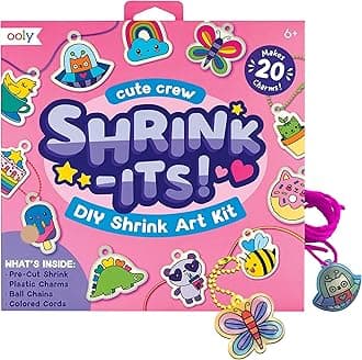Ooly 28 PC DIY Shrinking Art Kit for Kids, 20 Plastic Pre Cut Charms and More, No Mess Creative Activity Jewelry Making Kit - Cute Crew