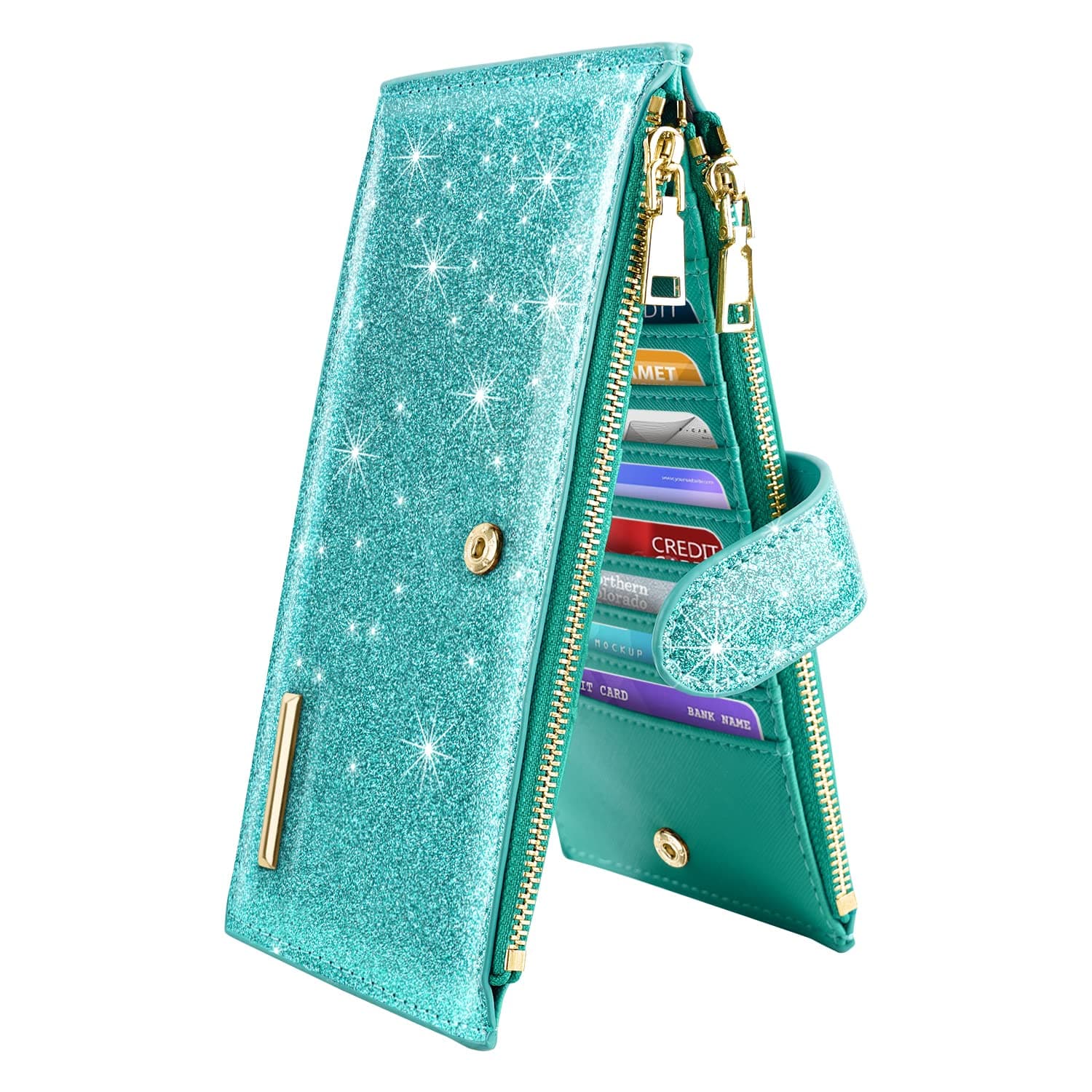 Coco RossiWomens RFID Blocking Large Capacity Wallet Multi Card Organizer Bifold Wallet for Women with Zipper Pocket, Tiffany Glitter, L