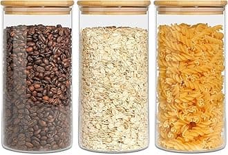 ComSaf Glass Food Storage Canisters with Lids Set of 3-30oz, BPA Free High Borosilicate Glass Cookies Jars with Sealing Bamboo Cover