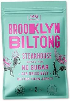 Brooklyn Biltong - Air Dried Grass Fed Beef Snack, South African Beef Jerky - Whole30 Approved, Paleo, Keto, Gluten Free, Sugar Free, Made in USA - 2 oz (Steakhouse)