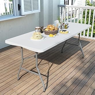 Foldable Table 6ft, Plastic Folding Table, Portable Heavy Duty Dining Table with Lock Function & Carrying Handle, Outdoor Indoor Foldable White Table for Camping Party Picnic