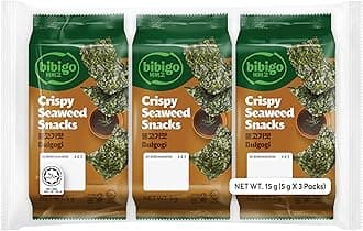 bibigo CJ Crispy Seaweed Snacks Korean BBQ Flavour, Gluten-Free, Savory Snack, Pack of 3 x 5g