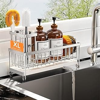 Cisily Extra Large Stainless Steel Kitchen Sink Caddy Organzier with High Brush Holder, Sponge Holder for Sink, Kitchen Countertop Soap Dispenser Organizer for Decor and Accessories
