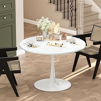 32 Inch Round White Tulip Dining Table W/0.71" Thickness & Metal Pedestal Base for 2 to 4 People, Modern Kitchen Leisure Circle Coffee Table